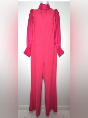 Alice + Olivia Colby Hot Pink Statement Jumpsuit Silk Sleeve Open Back 12